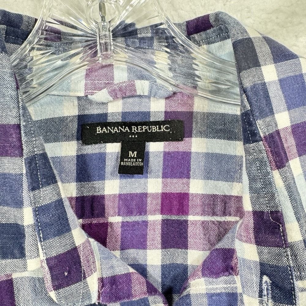 Banana Republic Button Down Shirt Mens Medium Purple Blue Plaid Linen Cotton SS - Picture 3 of 6
